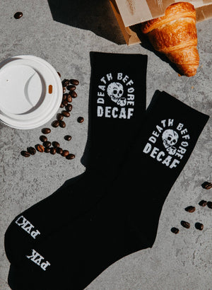 Pyknic - Death Before Decaf Coffee Crew Socks, Valentines Day Gift - Bawston & Tucker -