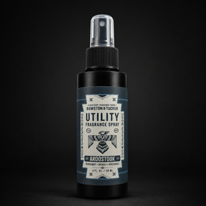 Bawston & Tucker Utility Fragrance Spray bottle for men on a black background