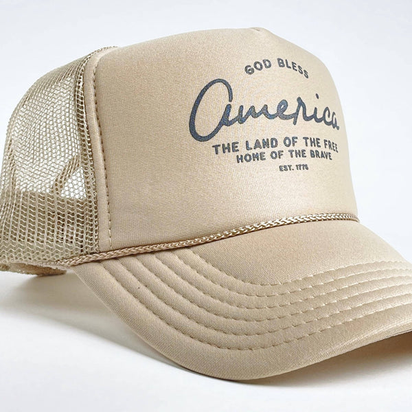 In God We Must - 'God Bless' Trucker Hat - Khaki - Bawston & Tucker - 