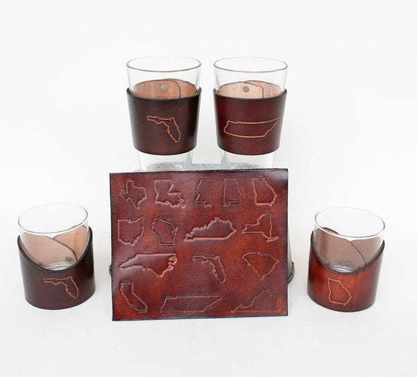Lindy Leather - Leather Pint Glass - Custom State Leather Wrap Barware - Bawston & Tucker - 