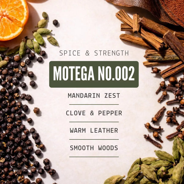 Spices and herbs solid cologne for men with 'MOTEGA NO.002' label on a light background
