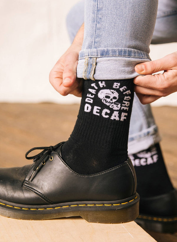 Pyknic - Death Before Decaf Coffee Crew Socks, Valentines Day Gift - Bawston & Tucker - 