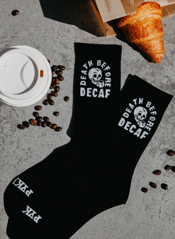 Pyknic - Death Before Decaf Coffee Crew Socks, Valentines Day Gift - Bawston & Tucker - 