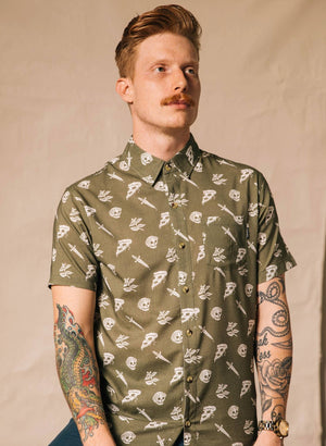 Pyknic - Pizza Slayer Tattoo Flash Casual Button Up Shirt UNISEX - Bawston & Tucker - 