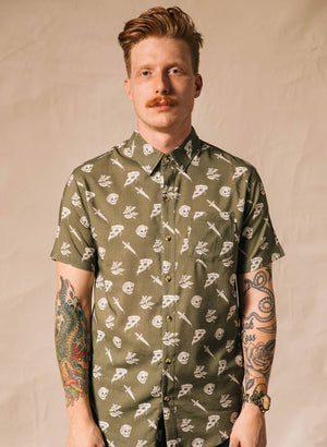 Pyknic - Pizza Slayer Tattoo Flash Casual Button Up Shirt UNISEX - Bawston & Tucker - 