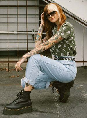 Pyknic - Pizza Slayer Tattoo Flash Casual Button Up Shirt UNISEX - Bawston & Tucker - 