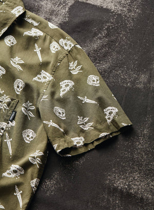 Pyknic - Pizza Slayer Tattoo Flash Casual Button Up Shirt UNISEX - Bawston & Tucker - 