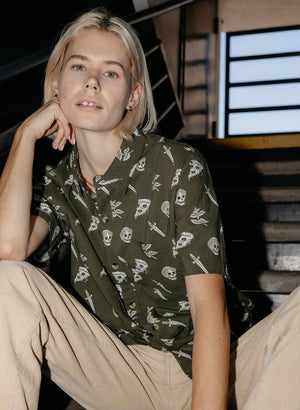 Pyknic - Pizza Slayer Tattoo Flash Casual Button Up Shirt UNISEX - Bawston & Tucker - 