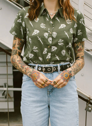 Pyknic - Pizza Slayer Tattoo Flash Casual Button Up Shirt UNISEX - Bawston & Tucker - 