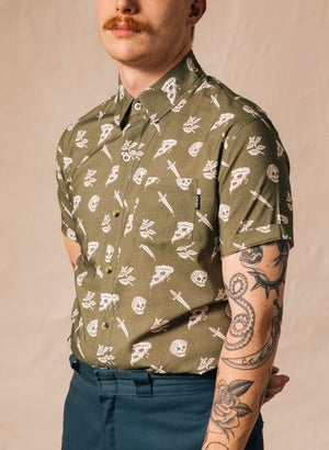 Pyknic - Pizza Slayer Tattoo Flash Casual Button Up Shirt UNISEX - Bawston & Tucker - 