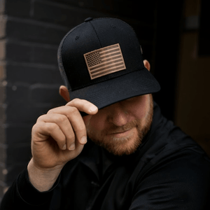 Range Leather Co. - American Flag Hat - Leather Patch Trucker Snapback - Bawston & Tucker - 
