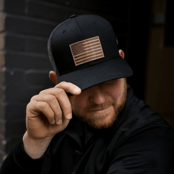 Range Leather Co. - American Flag Hat - Leather Patch Trucker Snapback - Bawston & Tucker - 