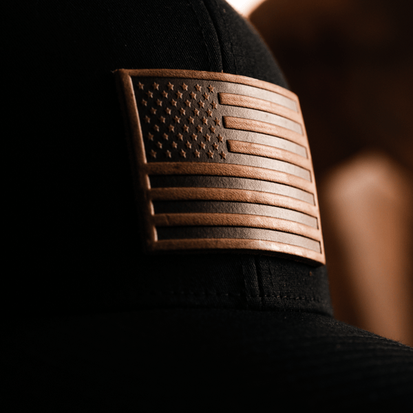 Range Leather Co. - American Flag Hat - Leather Patch Trucker Snapback - Bawston & Tucker - 