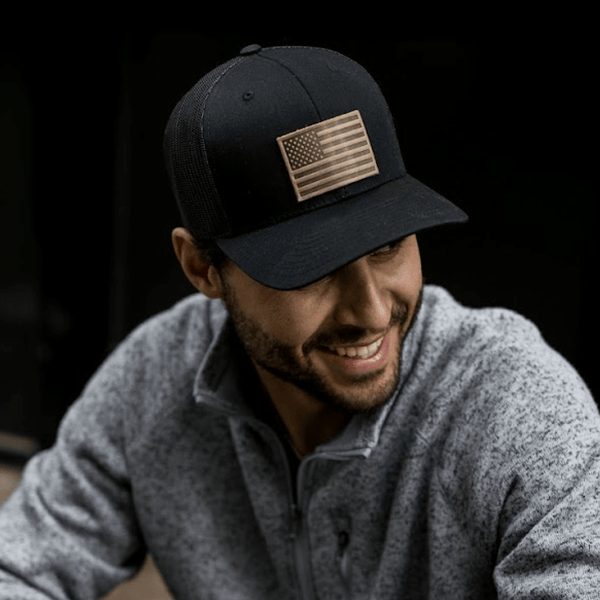 Range Leather Co. - American Flag Hat - Leather Patch Trucker Snapback - Bawston & Tucker - 