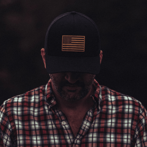 Range Leather Co. - American Flag Hat - Leather Patch Trucker Snapback - Bawston & Tucker - 