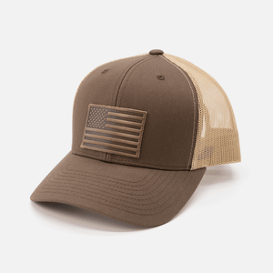 Range Leather Co. - American Flag Hat - Leather Patch Trucker Snapback - Bawston & Tucker - 