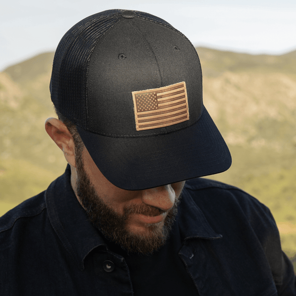 Range Leather Co. - American Flag Hat - Leather Patch Trucker Snapback - Bawston & Tucker - 