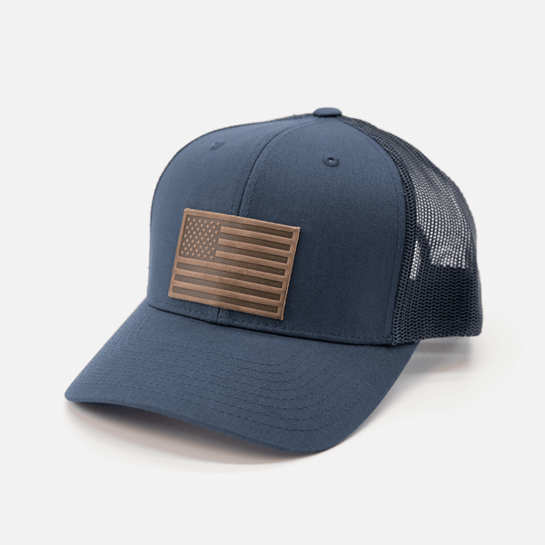 Range Leather Co. - American Flag Hat - Leather Patch Trucker Snapback - Bawston & Tucker - 