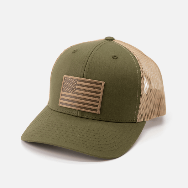 Range Leather Co. - American Flag Hat - Leather Patch Trucker Snapback - Bawston & Tucker - 