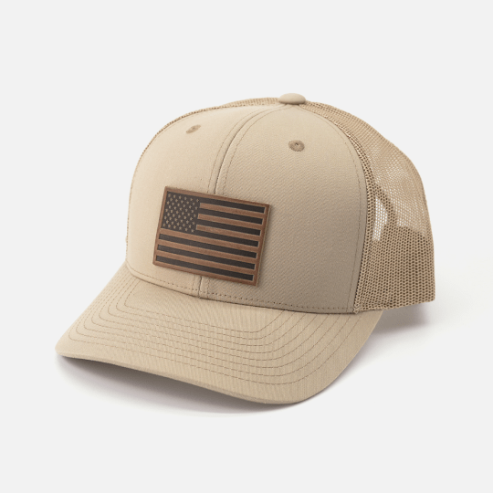 Range Leather Co. - American Flag Hat - Leather Patch Trucker Snapback - Bawston & Tucker - 