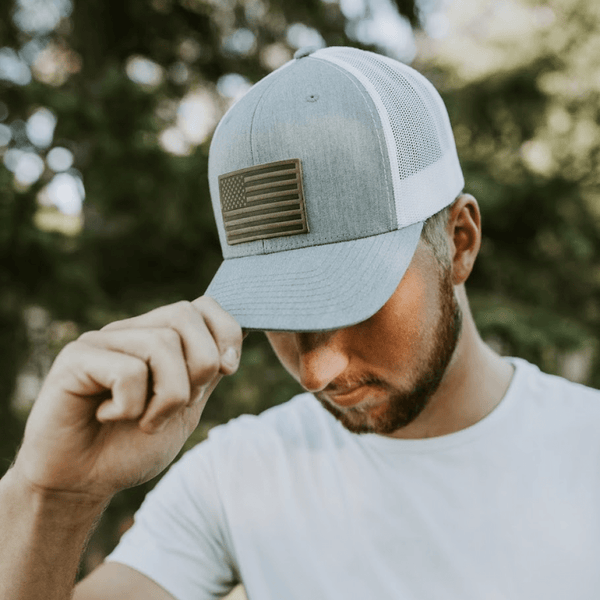 Range Leather Co. - American Flag Hat - Leather Patch Trucker Snapback - Bawston & Tucker - 