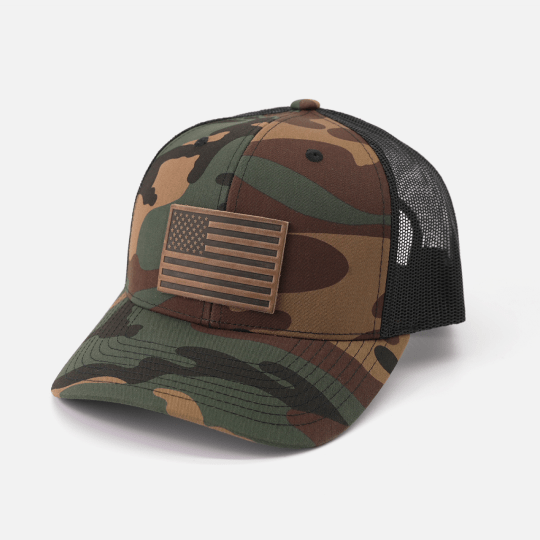 Range Leather Co. - American Flag Hat - Leather Patch Trucker Snapback - Bawston & Tucker - 