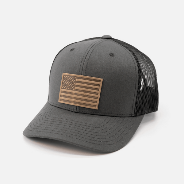 Range Leather Co. - American Flag Hat - Leather Patch Trucker Snapback - Bawston & Tucker - 