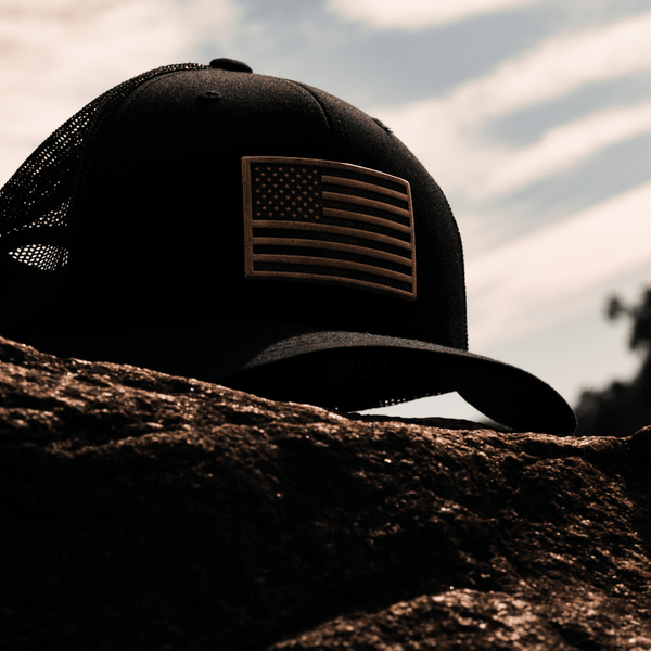 Range Leather Co. - American Flag Hat - Leather Patch Trucker Snapback - Bawston & Tucker - 