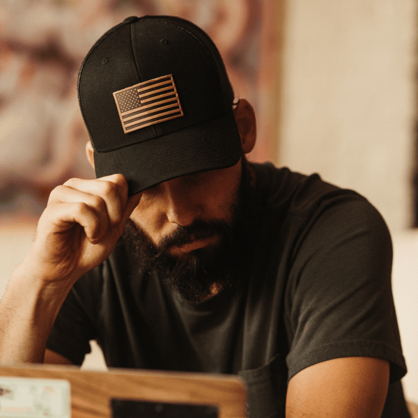 Range Leather Co. - American Flag Hat - Leather Patch Trucker Snapback - Bawston & Tucker - 
