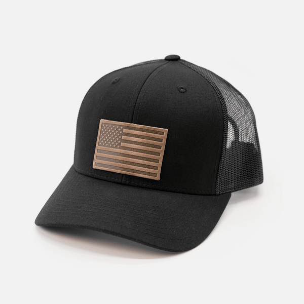 Range Leather Co. - American Flag Hat - Leather Patch Trucker Snapback - Bawston & Tucker - 
