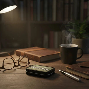 reserve extrait de parfum experience samples set with coffee cup, pen, and glasses.
