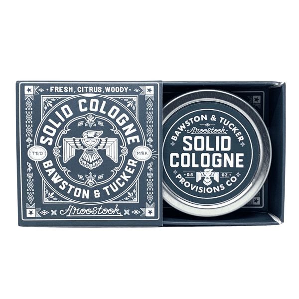 Aroostook solid cologne .5 oz metal tin with slider box